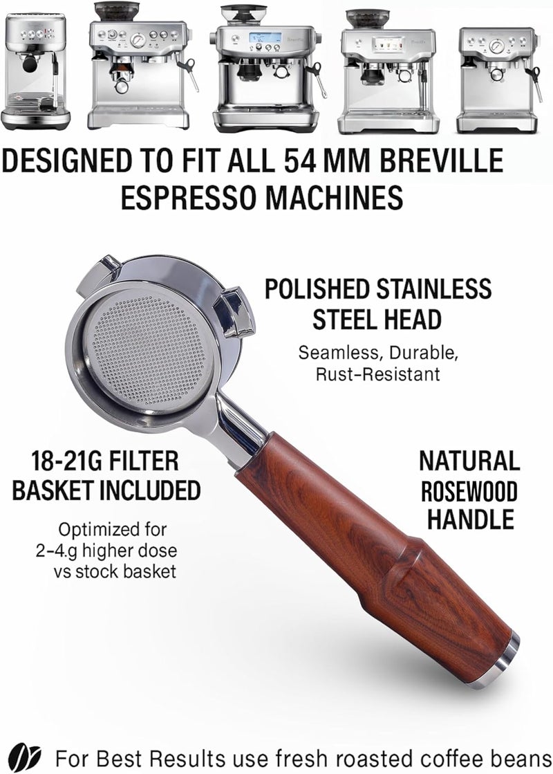 KNODOS 54mm Bottomless Portafilter Breville Compatible Rosewood Handle & Naked 18-21 Gram Filter Basket Included Fits Barista Express, Pro, Touch, Bambino Plus, Infuser, Duo Temp Pro Impress - Image 3